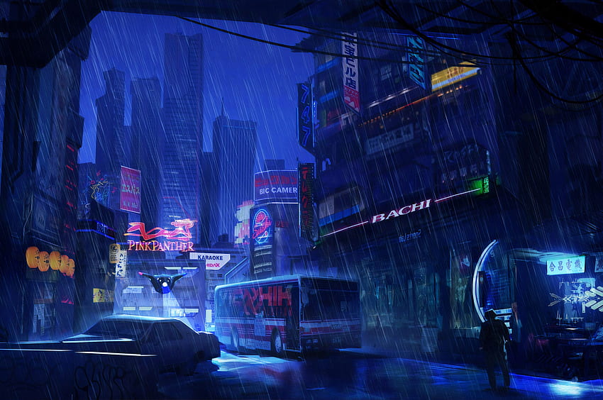 Futuristic City Dark Evening Rain Chromebook Pixel , , Background, and HD wallpaper