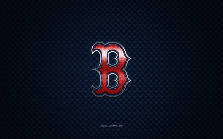 สัญลักษณ์ Boston Red Sox สโมสรเบสบอลอเมริกัน โลโก้สีแดง พื้นหลังคาร์บอนไฟเบอร์สีน้ำเงิน MLB เครื่องราชอิสริยาภรณ์ Boston Red Sox เบสบอล บอสตัน สหรัฐอเมริกา Boston Red Sox วอลล์เปเปอร์ HD