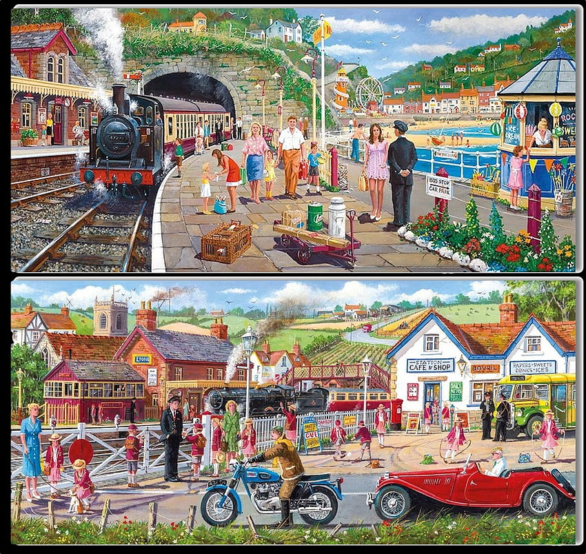 Seaside Train and Village Railway Crossing, crossing, painting, station, engine, steam, collage, village, seaside, tunnel, vintage HD wallpaper