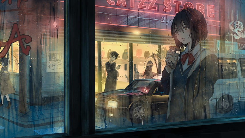 Raining, Street, Urban, Anime Girl, Headphones, Walking, Window, Shops for HD wallpaper