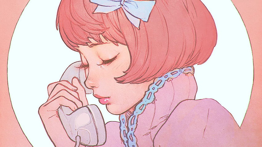 for , laptop. pink phone girl cute anime drawing art ilya, Pink Cute Cartoon HD wallpaper