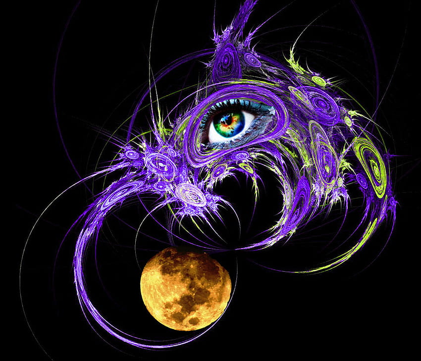 The Moon's Guardian, púrpura, luna, fantasía, verde, cielo, fractal, ojo fondo de pantalla
