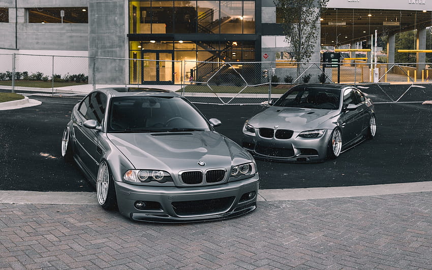 BMW M3 E46, gray coupe, BMW M3 E92, M3 tuning, comparison of E46 and E92, German cars, gray M3, BMW HD wallpaper