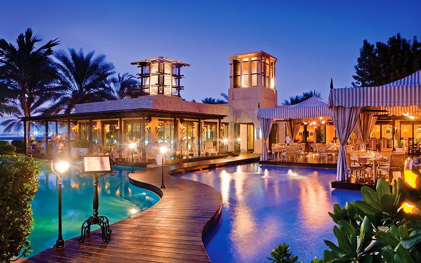 ristorante galleggiante nel royal mirage resort dubai, notte, ristorante, luci, piscine, ponte, resort Sfondo HD