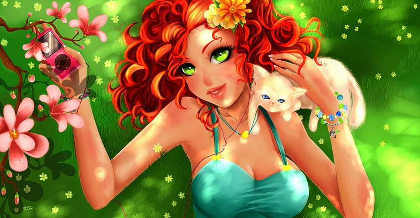 Kızıl saçlı kız, yavru kedi, kitty, bahar, bayan, çiçekler, evcil hayvan, sanat, bahçe, kız, kedi, güzel, kadın, fantezi, tazelik, çiçekler, kızıl saçlı, saç HD duvar kağıdı