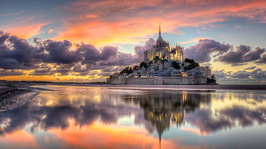 Normandy Town,France, island, town, archangel, mountain, reflection, clouds, nature, fortress, sunset, michael HD wallpaper