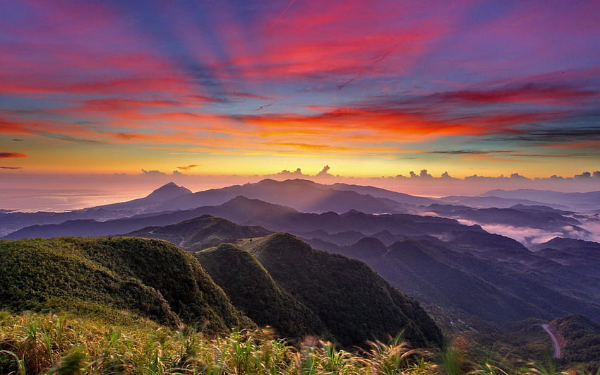 Alam, Matahari Terbenam, Langit, Pegunungan, Awan, Kabut, Bukit, Tinggi, Pemandangan Wallpaper HD