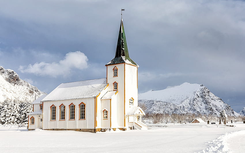 Iglesia en Noruega, islas, Noruega, iglesia, Lofoten, invierno fondo de pantalla
