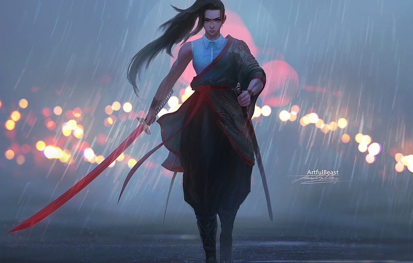 girl, sword, fantasy, rain, weapon, blue eyes, ponytail, Girl Katana HD wallpaper