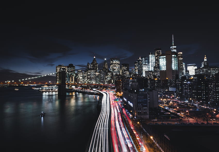 Brooklyn Bridge Cityscape Long Exposure Road Manhattan, Brooklyn Bridge Night papel de parede HD