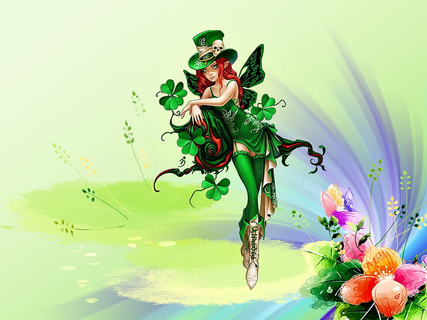 Fairy, girl, st patrick, green, fantasy, card HD wallpaper