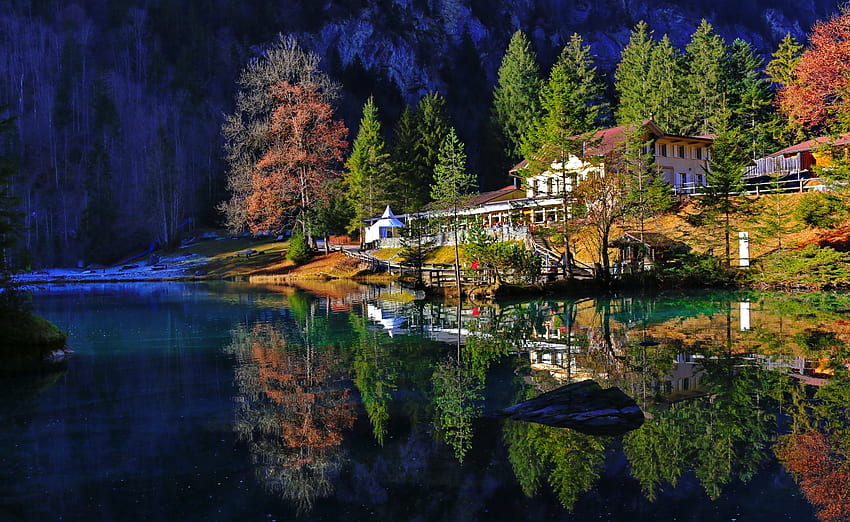 Blausee lake-Switzerland, blue, mirror, hills, fall, deep, beautiful, reflections, serenity, tranquil, mountain, lake, tourism, restaurant, Switzerland, rest, autumn HD wallpaper