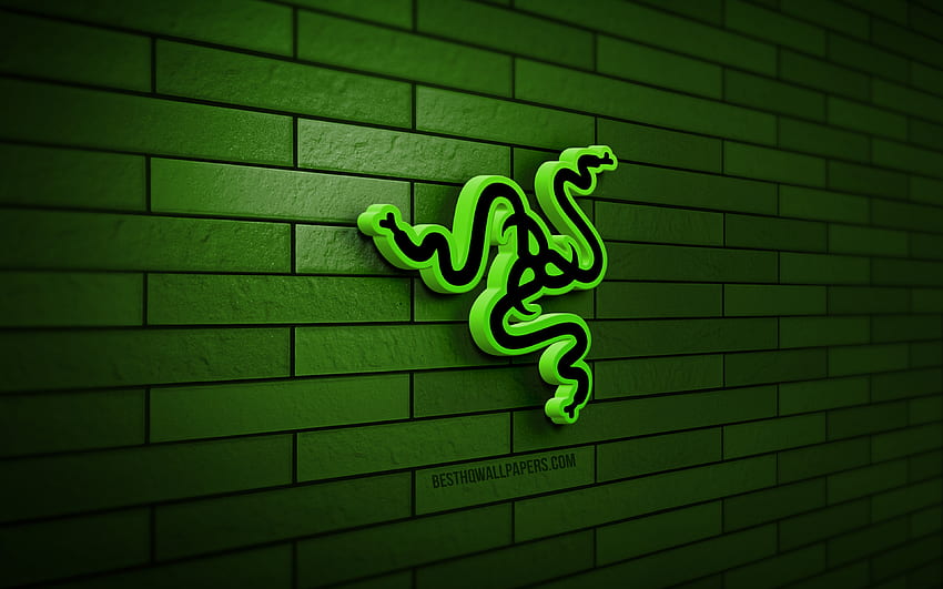 Razer 3D logo, , green brickwall, criativo, marcas, Razer logo, arte 3D, Razer papel de parede HD