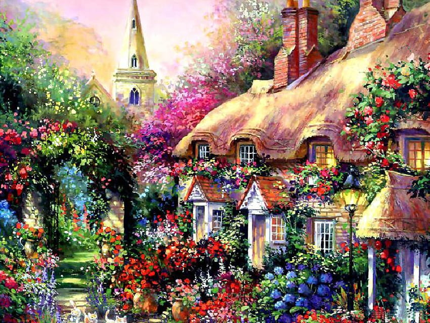 Desa Pedesaan, jendela, seni, atap, cerobong asap, kucing, gereja, menara gereja, lukisan, bunga, lengkungan, pohon, bunga, desa Wallpaper HD