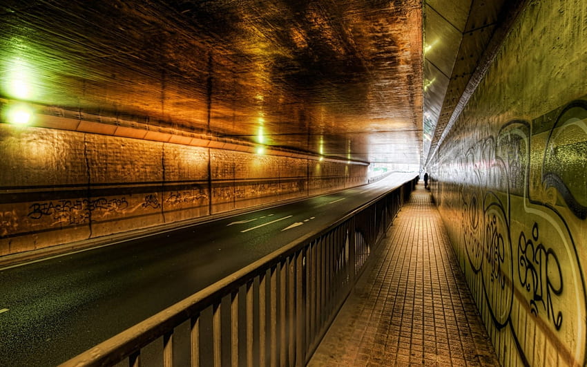 car and pedestrian tunnel in tokyo r, tunnel, lights, r, walkway, blacktop HD wallpaper