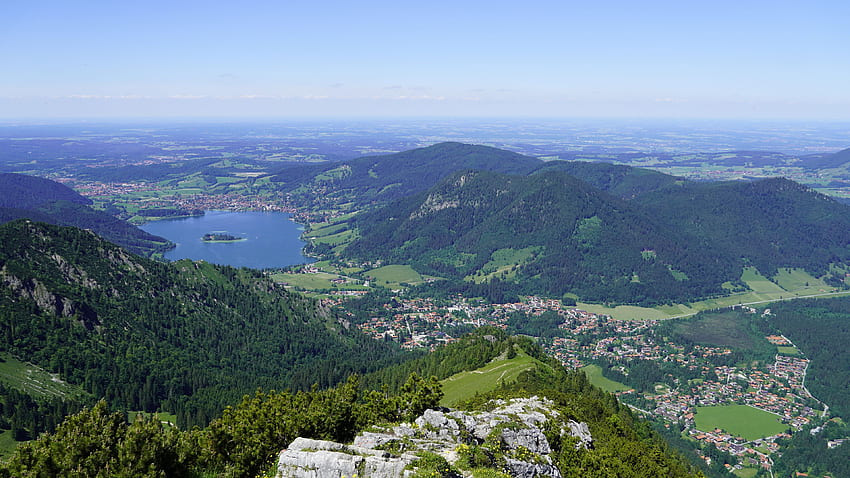 Aerial View Of Bushes Trees Valley Lake Houses Mountains Under Blue Sky ...