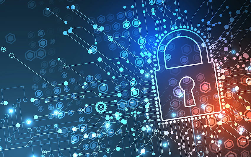Computer security, cybersecurity, technology background with lock, blue neon lock, digital background for with resolution . High Quality HD wallpaper