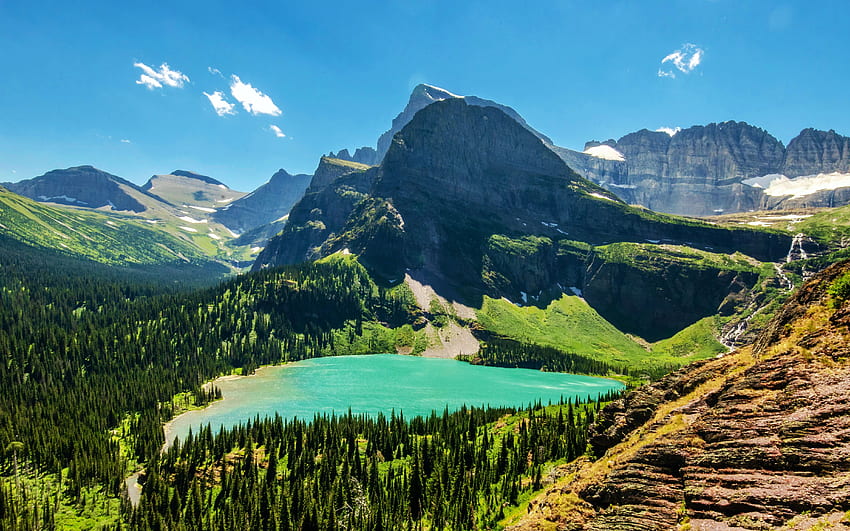 Glacier National Park, Montana, lake, clouds, landscape, trees, sky, mountains, usa HD wallpaper