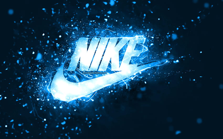 Синьо лого на Nike, , сини неонови светлини, творчески, син абстрактен фон, лого на Nike, модни марки, Nike HD тапет