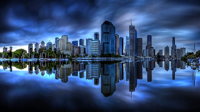 Brisbane, malam, biru, reflektif, sejuk, indah, r, lanskap kota Wallpaper HD