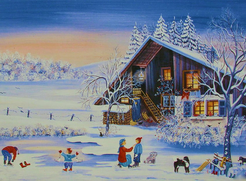 Invierno alegre, perro, obras de arte, niños, pintura, nieve, árboles, cabaña fondo de pantalla