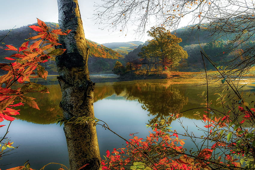 . Nature. . . nature, landscape, Korea, hills, the lake, Korean Autumn HD wallpaper
