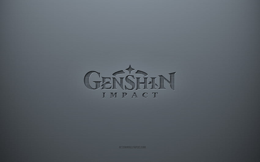 Лого на Genshin Impact, сив творчески фон, емблема на Genshin Impact, текстура на сива хартия, Genshin Impact, сив фон, лого на Genshin Impact 3d HD тапет