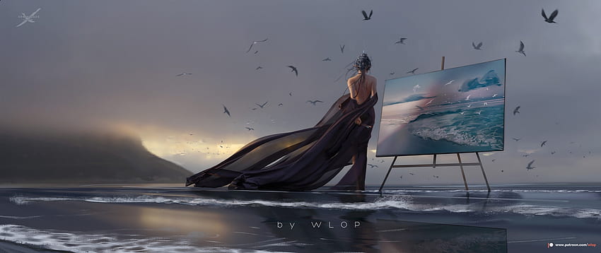 :) น้ำ เจ้าหญิง ทะเล ศิลปะ หญิงสาว มืด ชายหาด ลม ฤดูร้อน วาด wlop ศิลปิน vara วอลล์เปเปอร์ HD