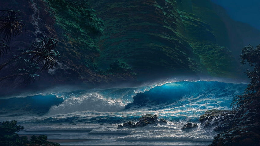 magnificent wave on a tropical beach, sea, cliffs, trees, wave, evening, surf, beach HD wallpaper