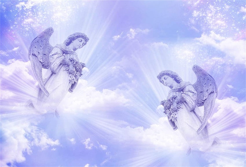 Laeacco ft Dwa anioły z dowcipem Promienie światła nad niebem Tło Winyl Błękitne niebo Raj Boski Pięćdziesiątnica Tło Kościół Biblijna szkoła Zajęcia związane z wydarzeniami Jezus Wiara chrześcijańska, biblijne anioły Tapeta HD