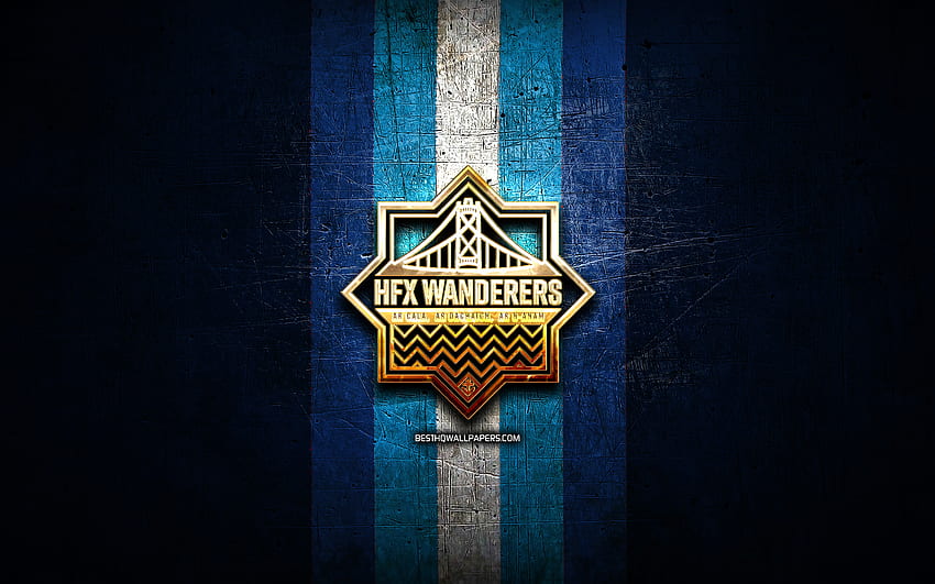 HFX Wanderers FC, logo emas, Liga Premier Kanada, latar belakang logam biru, sepak bola, klub sepak bola Kanada, logo HFX Wanderers, sepak bola, HFX Wanderers Wallpaper HD