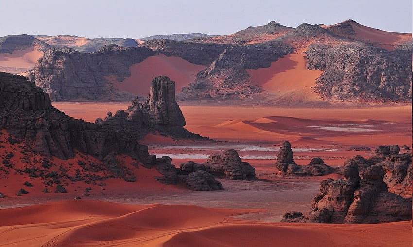 砂漠, サハラ, アルジェリア, 砂丘, 岩, 山, 赤, 自然 高画質の壁紙