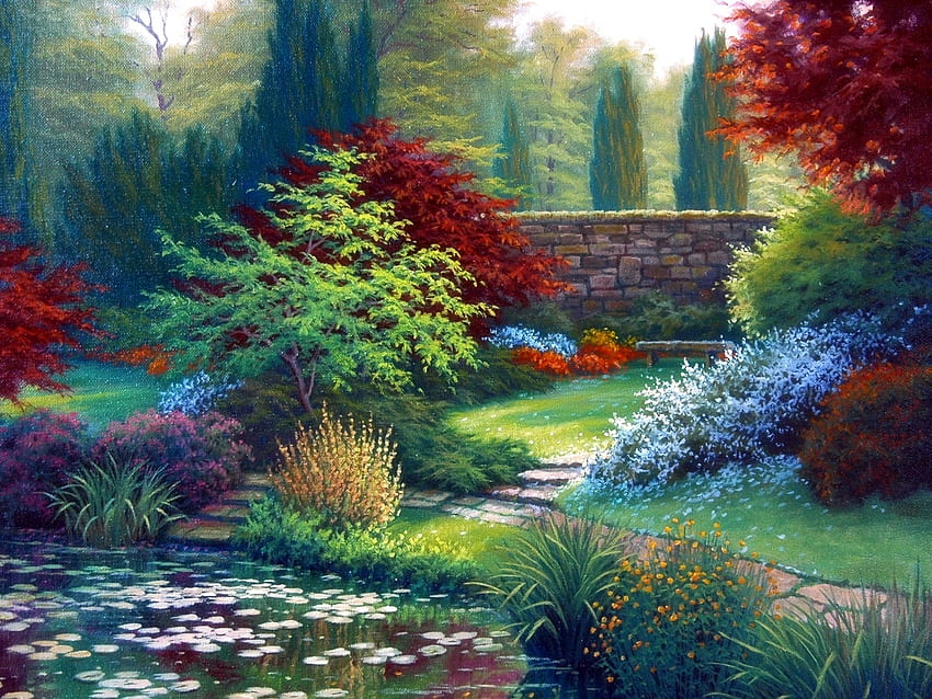 Garden Reverie, atrações em sonhos, jardim, pinturas, verão, amor quatro estações, árvores, desenhar e pintar, natureza, flores, lagoa papel de parede HD