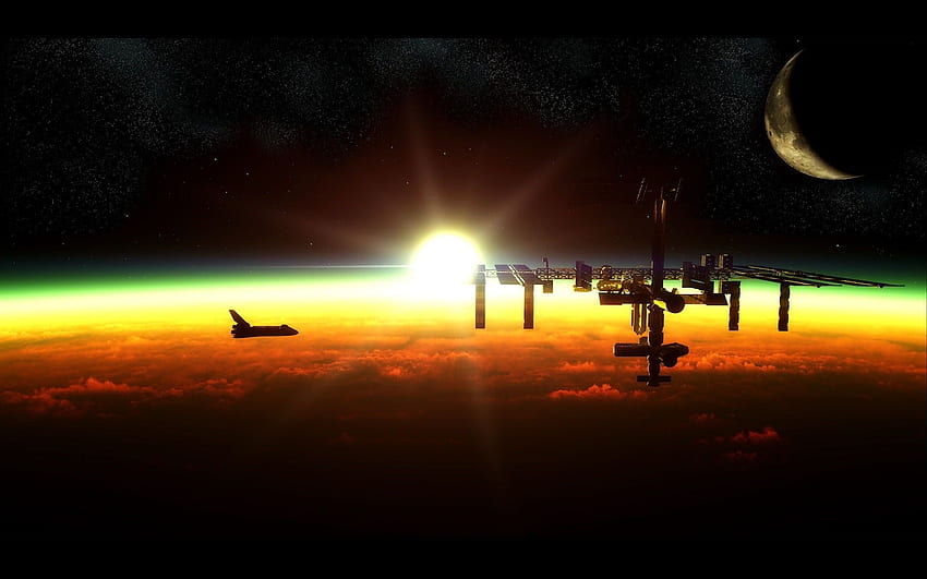 Satélite gris, espacio, satélite, horizonte, Estación espacial internacional, ISS Space fondo de pantalla