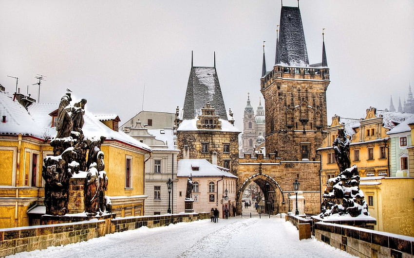 Miasta, ludzie, zima, budynek, Praga, Czechy, Czechy Tapeta HD
