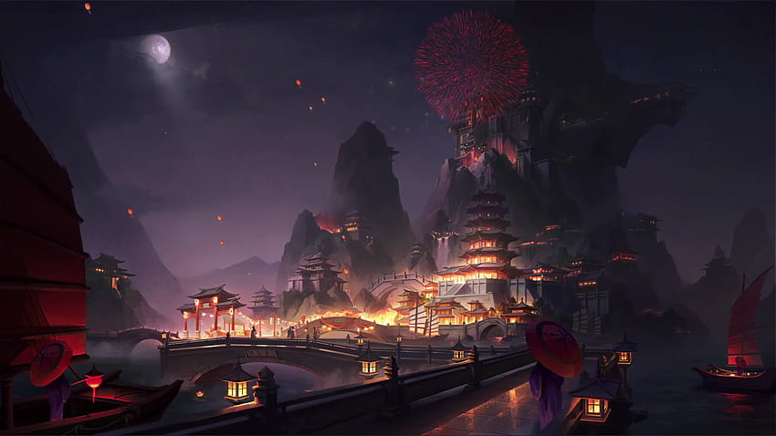 Fuochi d'artificio luminosi in una favolosa città cinese - fantasy live [ ], Chinese Town Sfondo HD