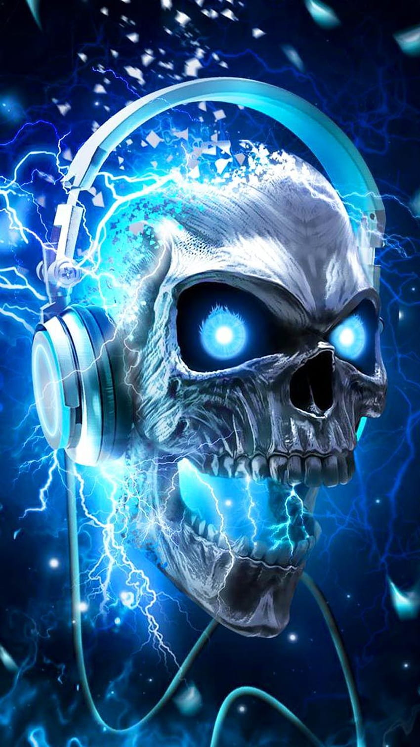 Kafatası müzik kulaklık sanatı. Neon mavisi metalik kafatası tasarım sanatı. HD telefon duvar kağıdı