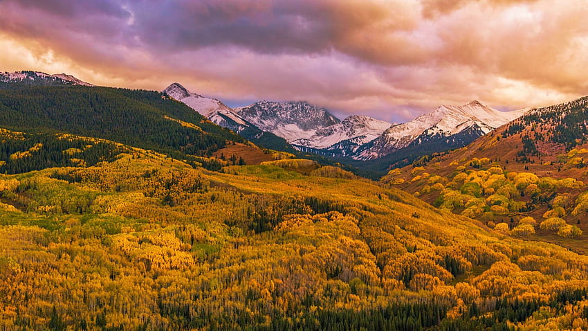 Lever du soleil d'automne sur Capitol Peak, Colorado, arbres, paysage, nuages, couleurs, automne, ciel, montagnes, États-Unis Fond d'écran HD