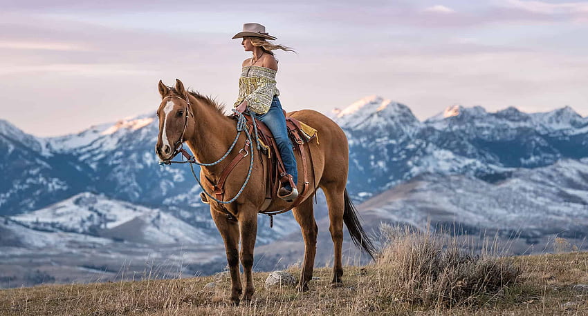Rider, cowgirls, horses, blondes, hats, mountains HD wallpaper