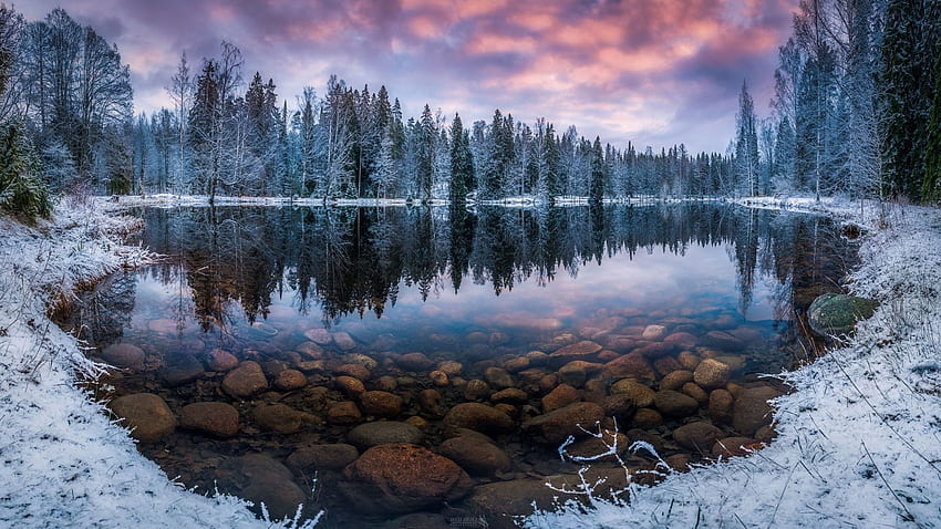 Finland Nature Landscape Winter Snow Morning Sunrise Forest Lake HD wallpaper