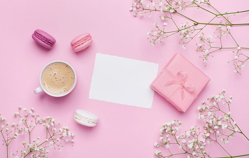花、コーヒー、食べ物、飲み物、ケーキ、ピンク、コーヒー、マカロン、Pink Drink PC 高画質の壁紙