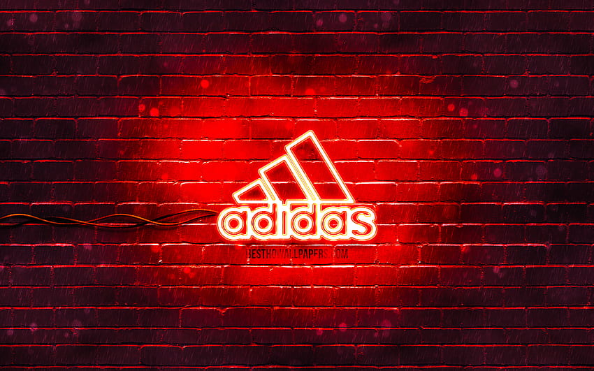 Logotipo rojo de Adidas, pared de ladrillo rojo, logotipo de Adidas, marcas, logotipo de neón de Adidas, Adidas para con resolución. Alta calidad fondo de pantalla