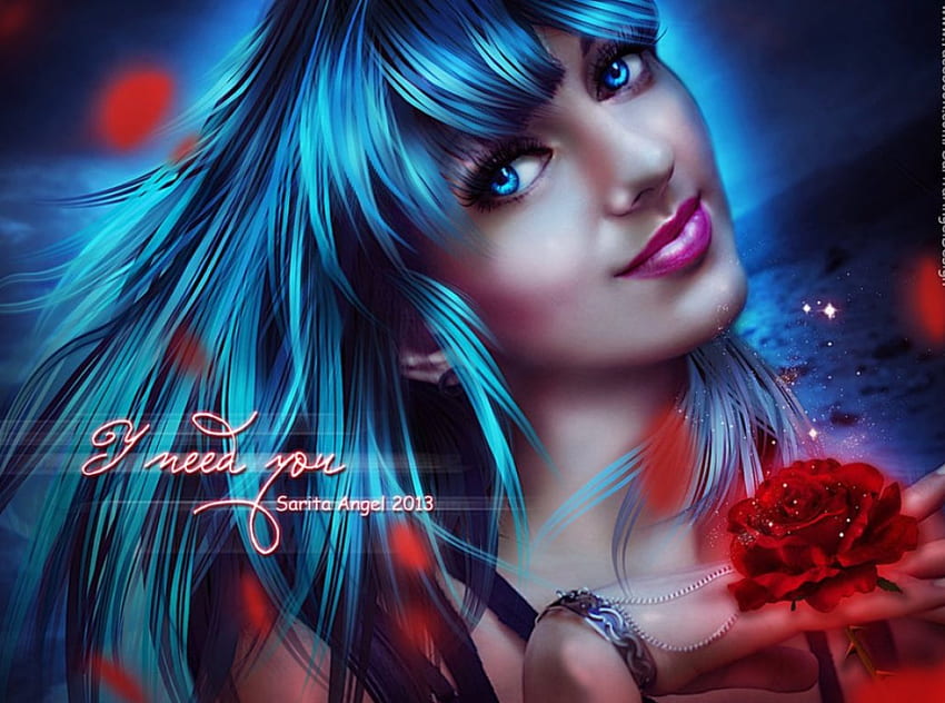 I Need You, blue, rose, lady, fantasy, petals HD wallpaper