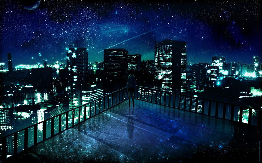 Anime Rooftops Building Night HD wallpaper