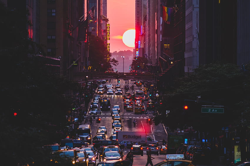 Puesta de sol, metrópolis, ciudad, edificios. fondo de pantalla