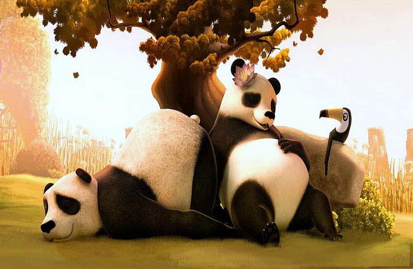 Prendersela comoda, orsi, panda, riposo, uccello, bianco e nero, erba, albero Sfondo HD