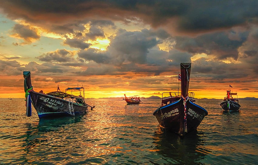 laut, matahari terbenam, perahu, Thailand Wallpaper HD