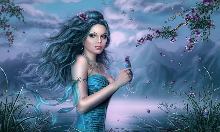 Awakening Of Nature Fantasy Girl Long Black Haired Bird Dedo Blooming Trees Flight Of Butterfly and Birds Spring Wind Computer, Woman Birds Flying papel de parede HD