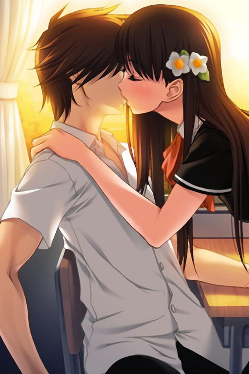 アニメの女の子と男の子の漫画のキス、漫画の抱擁 HD電話の壁紙
