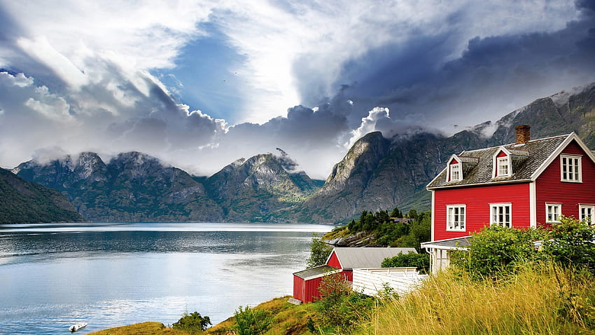 Norvège paysage, herbe, Norvège, maison, montagne Fond d'écran HD